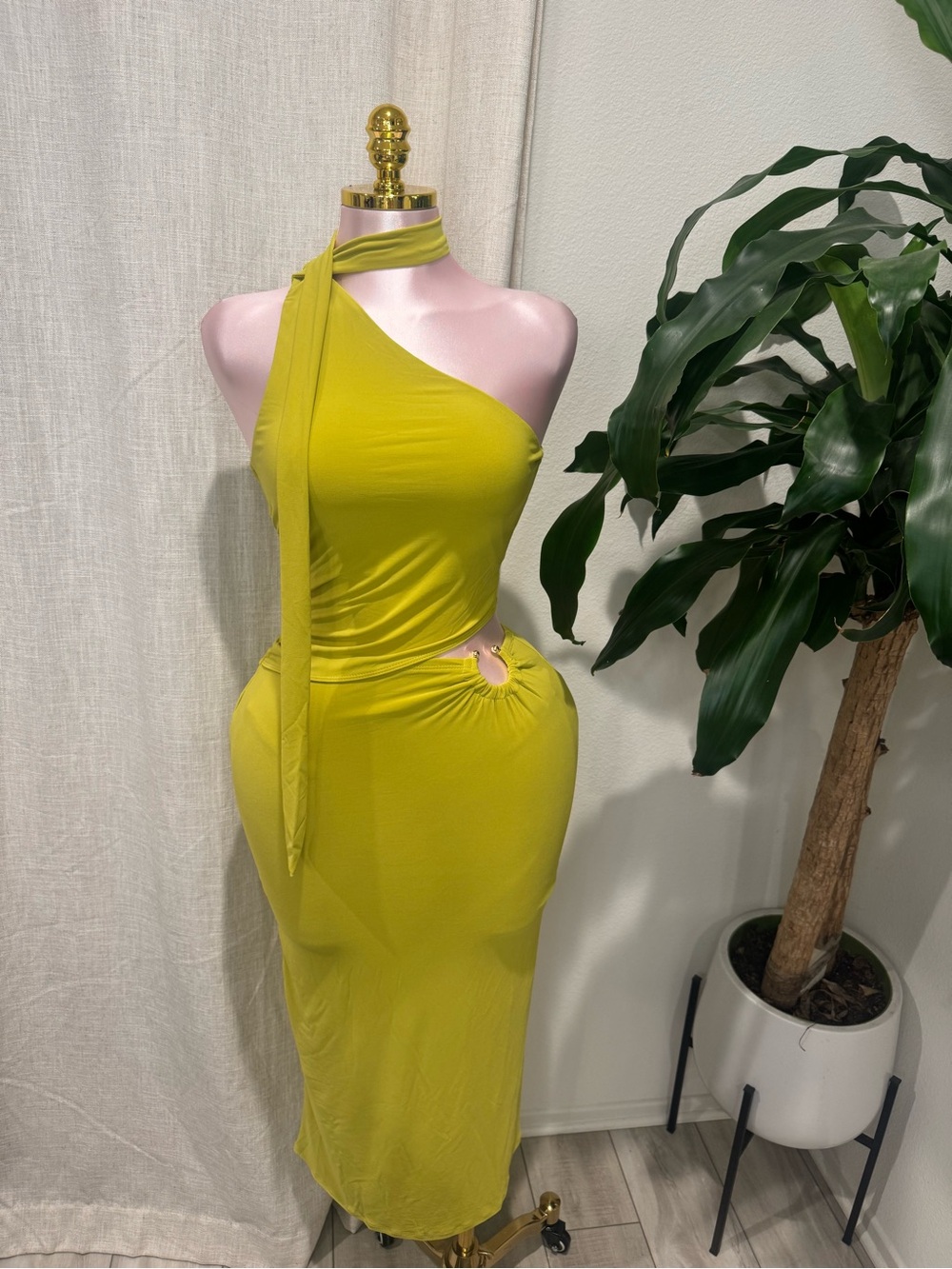 One-Shoulder Cutout Midi Dress in Chartreuse